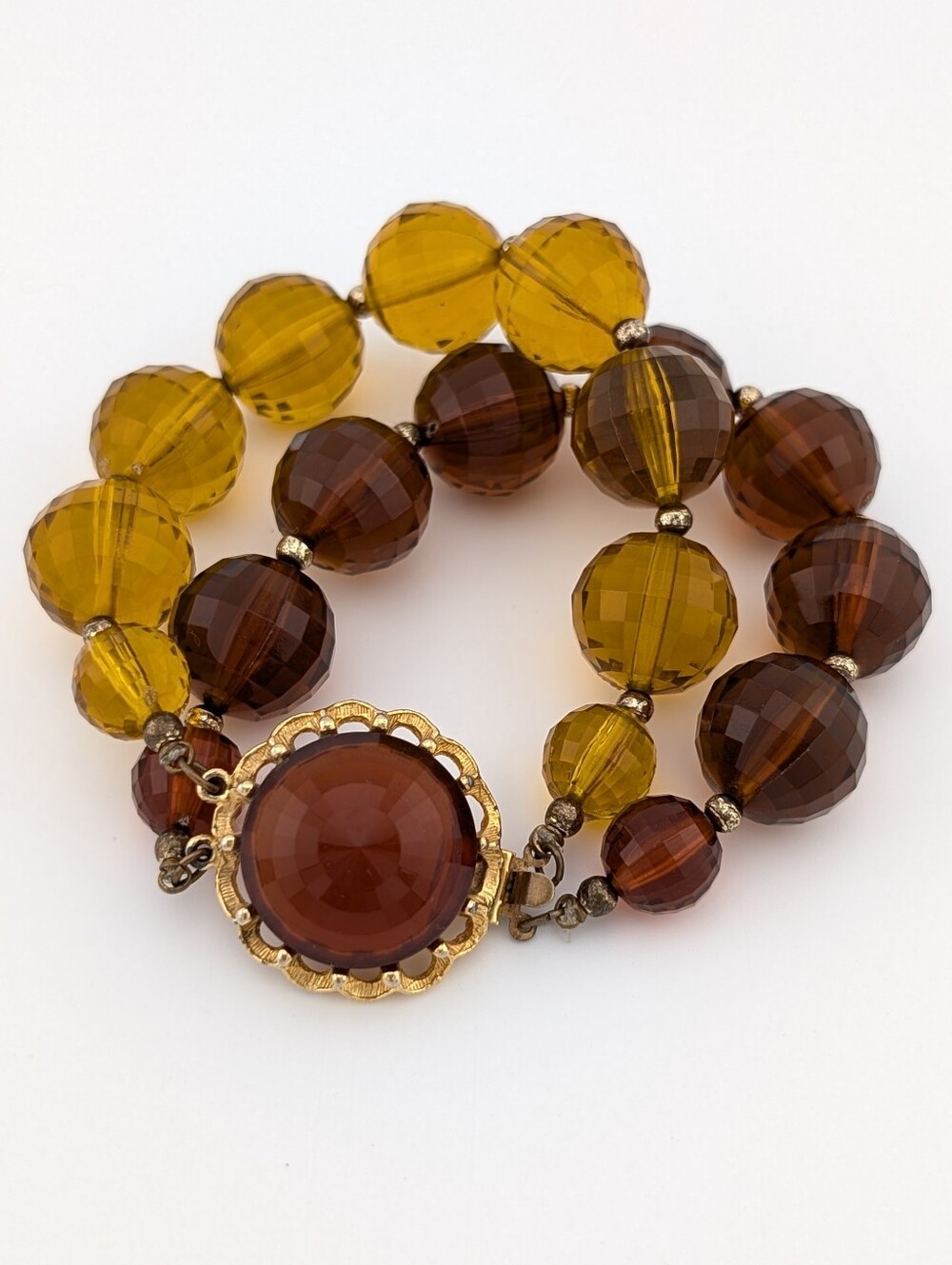 Vintage Costume Jewelry Multi-Strand Cognac Amber Color Chunky Beaded Bracelet